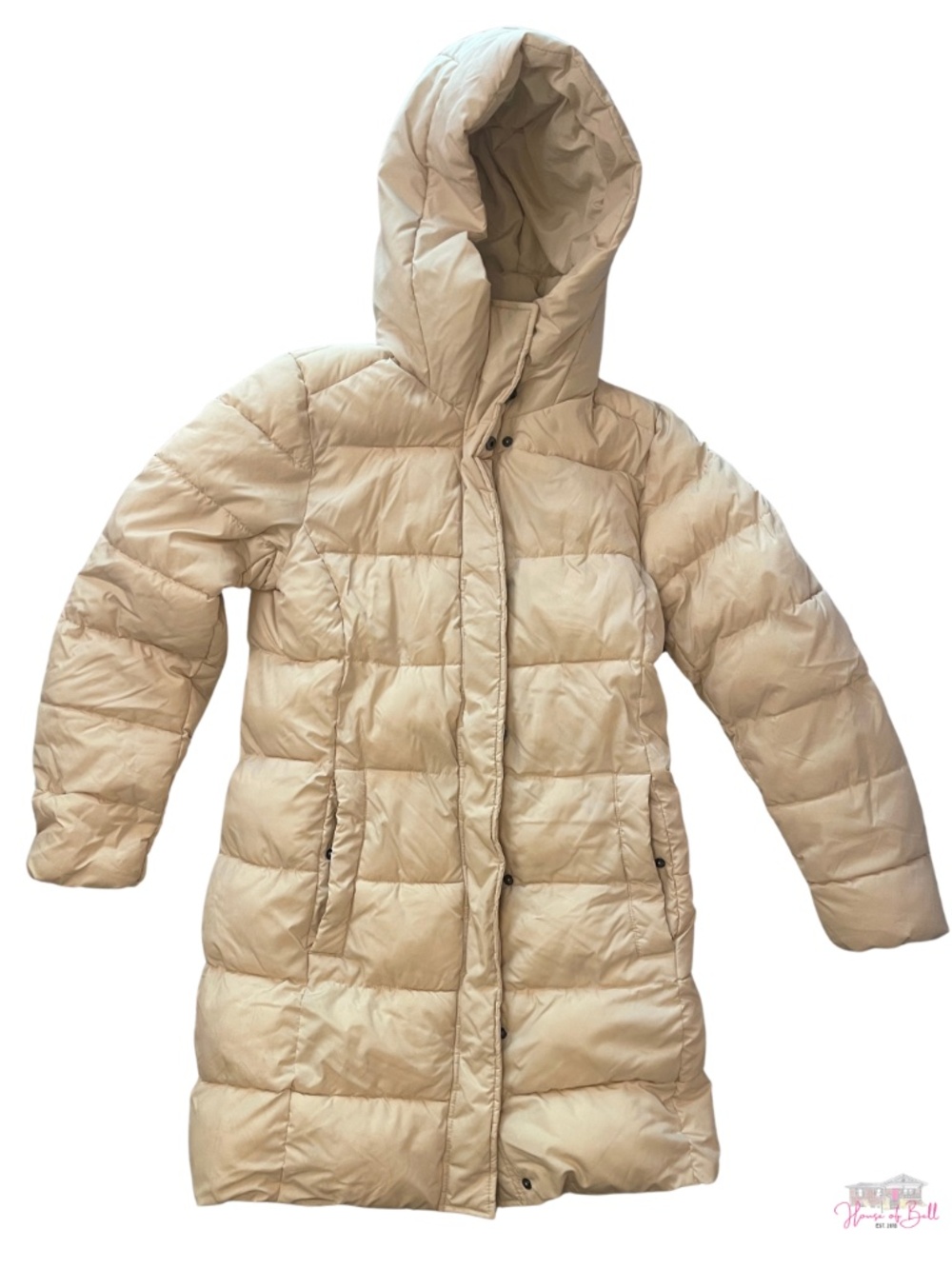 H&M Cream Beige Long Puffer Coat Hooded Quilted Jacket Small S